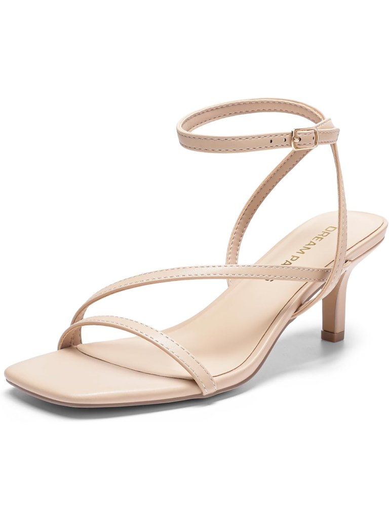 Women's Nude Faux Leather Low Kitten Heels Open Square Toe Ankle Strap Sandals